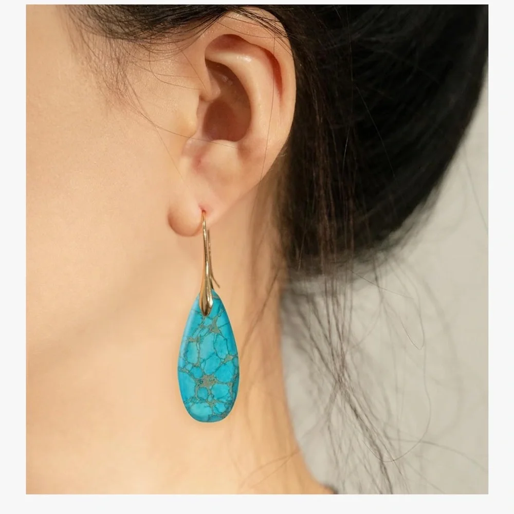 🆕 Natural Healing Stone Fishhoop Dangle Drop Earrings Statement - Picture 3 of 7